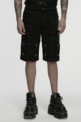 Black Ripped Eyelet Straps Men's Gothic Shorts